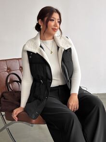 Firerie Plus Size Women Contrast Color Casual Daily Wear Winter Cotton Padded Vest - Black - View 4