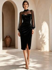 Balvessa Black Sheer Mesh Patchwork Ruched Waist Slit Elegant Party Mid-Length Dress For Women Autumn Winter - Black - View 3