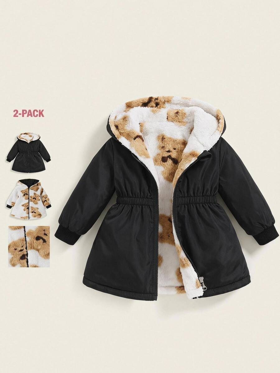 SHEIN Baby Girl Cute Bear Pattern Faux Fur Jacket Reversible - Multicolor - View 1