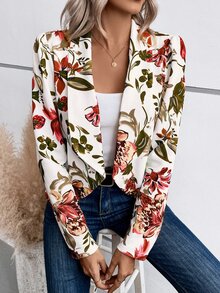 SHEIN LUNE Floral Print Shawl Collar Open Front Blazer In Fall/Winter,Casual - Apricot - View 4