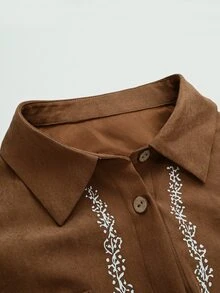 SHEIN 女款長版復古焦糖棕領口襯衫洋裝 - 棕色 - 查看 7