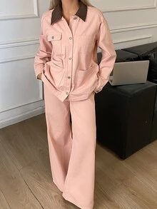 DAZY Setelan Denim Kasual Wanita Warna Pink dengan Kerah Kontras, Model Single-Breasted, dan Celana Panjang. - Berwarna merah muda - View 2