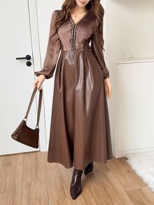 Feyla Women's V-Neck Petal Sleeve Pleated Long Dress - Brown - View 3