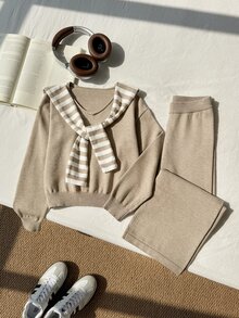 Girls' Autumn/Winter Fashion Pattern Jacquard Knit Sweater Long Sleeve Pullover & Long Pants Set - Camel - View 3