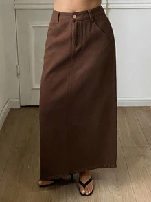 Dazy Plus Autumn/Winter High Waist Straight Long Solid Brown Minimalist Casual Denim Skirt - Brown - View 6