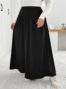 Shapeblank Plus Size Women Solid Color Pleated Casual Versatile Daily Wear Skirt - Black - View 2