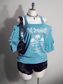 SHEIN ICON 女款大尺碼字母與骷髏圖案印花休閒日常穿搭T恤 - 藍色 - 查看 10
