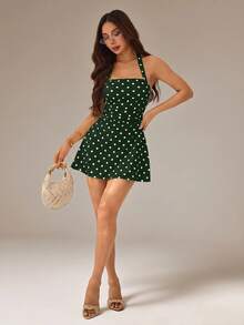 SHEIN PETITE 波點圖案女款掛脖短洋裝 - 墨綠色 - 查看 5