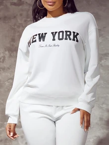 SHEIN SXY Letter Graphic Drop Shoulder Sweatshirt,Long Sleeve Tops In Fall/Winter - White - View 3