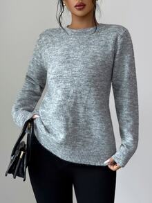 SHEIN Elenzya 女款秋季新款圓領素色合身寬鬆百搭通勤時尚設計後背蝴蝶結開衩針織套頭長袖毛衣單件 - 灰色 - 查看 5