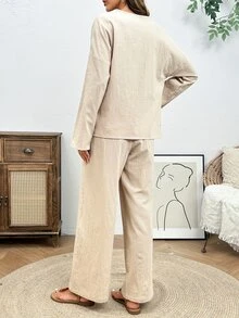 Holdful Holdful Women's Autumn New Casual Frog Button Decor Long Sleeve Two Pieces Set - Apricot - View 2