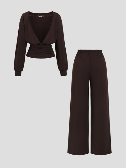 Sweetra Women's Brown Elegant Casual Minimalist Commute Ruched Waist Slim Fit Hollow Back Metal Buckle Design Long Sleeve Top & Comfortable Versatile Drape Straight Leg Wide Leg Pants Two Pieces Set