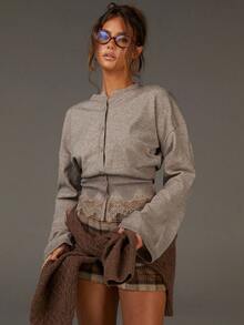 Athîral Women's Bell Sleeve Contrast Lace Hem Round Neck Button Front Cinched Waist Knit Cardigan Fall Clothes Casual Outfits Chic Outftis Brown Outftis - Khaki - View 1