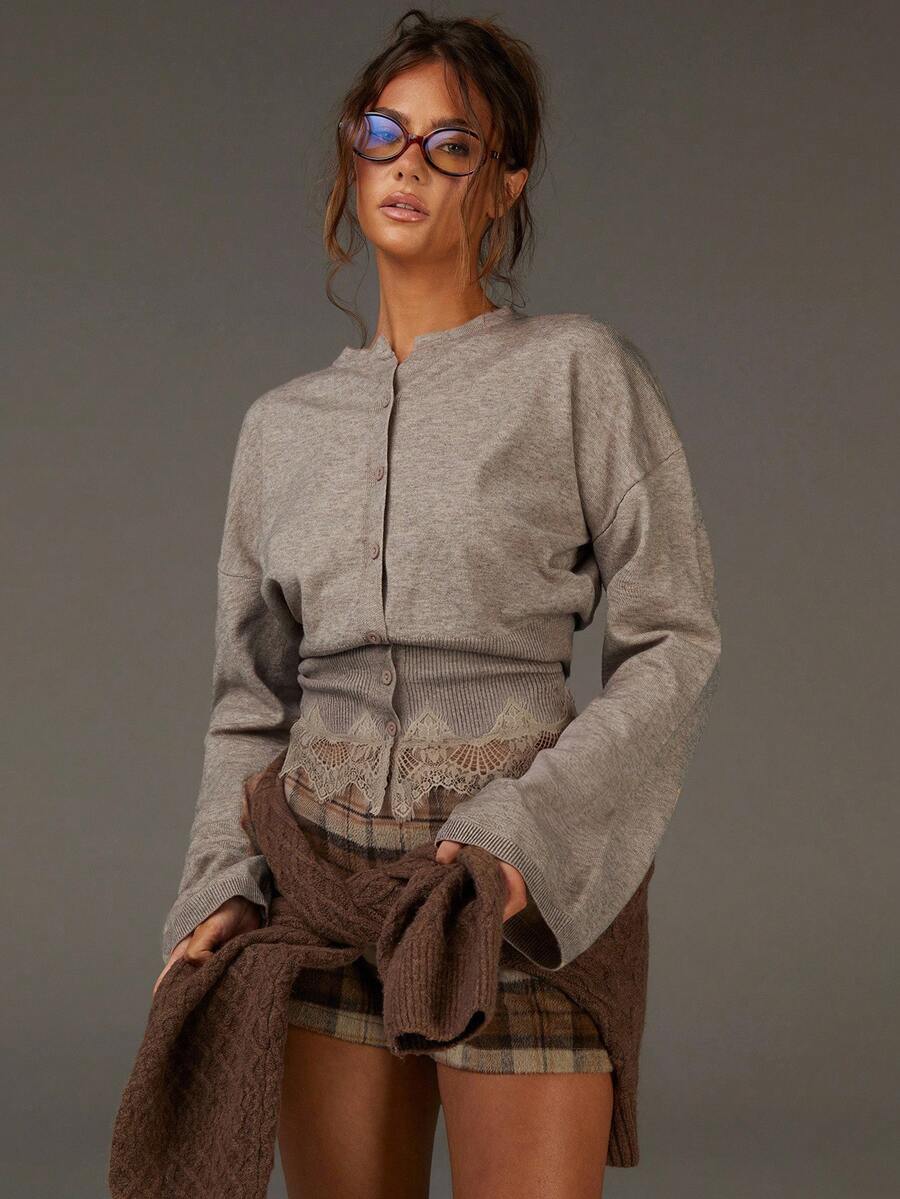 Athîral Women's Bell Sleeve Contrast Lace Hem Round Neck Button Front Cinched Waist Knit Cardigan Fall Clothes Casual Outfits Chic Outftis Brown Outftis - Khaki - View 1
