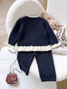 SHEIN Set Kardigan Rajut & Celana Bayi Perempuan Warna Biru Navy dengan Aksen Kontras dan Rumbai, Outfit Sweater 2 Potong Bergaya - MultiWarna - View 2