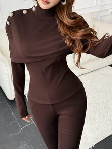 Feyla Women's Solid Color Fashion High Neck Long Sleeve Top And Slim Fit Pants Two Pieces Set - Brown - View 5