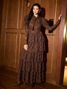 MOTF PREMIUM Gaun Panjang Kasual Pesta Wanita dengan Leher Ikat Renda - Coffee Brown - View 5