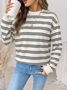 SHEIN LUNE 女款休閒黑白條紋圓領運動衫 - 白色 - 查看 5