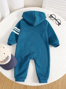 SHEIN 布料紅色男嬰連帽長袖拉鍊連身衣 秋冬連身褲 - 霧霾藍 - 查看 2