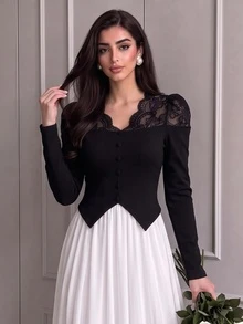 Modelyn Women's Elegant V-Neck Fitted Lace Patchwork Waist-Cinching Knit Top For Daily Commute And Date Outfits - Black - View 1