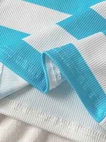 SHEIN Tween Girl) French Vintage Square Neck Ribbed Slim Fit Short Sleeve T-Shirt - Blue - View 5