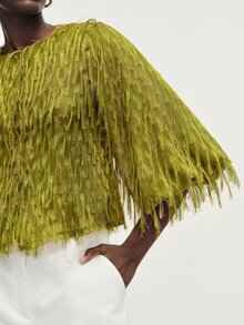 Aveloria Modichic Women's Blouse Slim Fit Flare Sleeve Fringe Textured Button Front Round Neck Modern Green Blouses For Women Green Top Fringe Top Fall Tops - Green - View 5