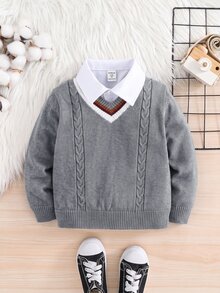 SHEIN Little Byeori 兒童小男孩冬季V領條紋針織秋季毛衣，學院風返校休閒職業日長袖套頭衫，適用生日、婚禮、派對 - 灰色 - 查看 2