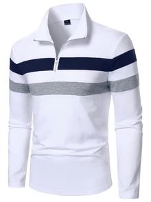 Manfinity Homme 男士條紋拼接撞色拉鍊半開襟 Polo 衫 - 彩色 - 查看 1