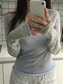 Dazy Plus Plus Size Women Colorblock Asymmetric Shoulder Casual Everyday Long Sleeve Sweater - Baby Blue - View 3