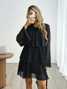 Easowa Round Neck Multi-Layer Ruffle A-Line Chiffon Sheer Flowy Long Sleeve French Elegant French Autumn/Winter Women's Short Dress Brunch Tea Party Black - Black - View 4