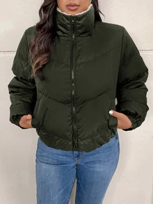 SHEIN Frenchy 大尺碼女款保暖內裡拉鍊口袋長袖加厚外套 冬季 - 軍綠色 - 查看 5
