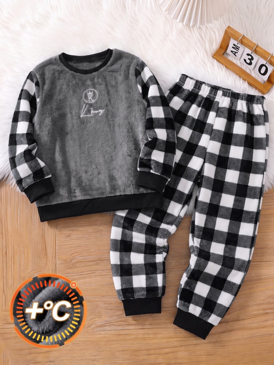 SHEIN Tween Boy Embroidered Long Sleeve Crew Neck Top And Plaid Pants Loungewear Set - Lilac Purple - View 1
