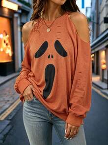 SHEIN LUNE CURVE Sweatshirt Wanita Ukuran Besar Warna Oranye Kasual untuk Harian dan Liburan dengan Desain Lusuh dan Motif Bahu Terbuka serta Cetakan Hitam - Jeruk - View 1