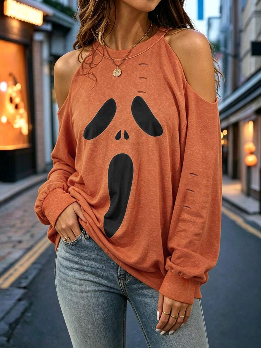 SHEIN LUNE CURVE Sweatshirt Wanita Ukuran Besar Warna Oranye Kasual untuk Harian dan Liburan dengan Desain Lusuh dan Motif Bahu Terbuka serta Cetakan Hitam - Jeruk - View 1