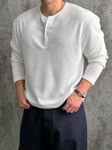DAZY Spring/Autumn White Elastic Ribbed Knit Fabric Long Sleeve Crew Neck Half-Button Front Korean Style Men's T-Shirt - White - View 3