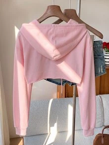 SHEIN EZwear 抽繩設計超短版連帽衛衣－黑白配色，秋冬長袖上衣 - 粉色 - 查看 2