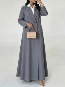 Yasveil Women Medium Grey Notched Lapel Double Breasted Fitted Waist Long Abaya Modest Muslim Dress Middle East Dubai Fall Office Elegant Robe - Grey - View 1