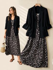 Rusticease Women's Leopard Print Cami Dress & Solid Color Blazer Fashion 2 Pieces Set - Black - View 1