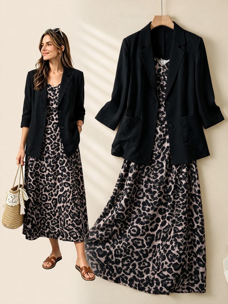 Rusticease Women's Leopard Print Cami Dress & Solid Color Blazer Fashion 2 Pieces Set - Black - View 1