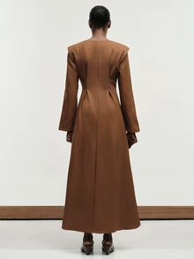 Aveloria Modichic Women's Dress Wide Shoulder Fit And Flare Structured Twill Padded Sleeve Radial Pleat Asymmetrical Hem Brown Elegant Long Fall Thanksgiving Dinner - Brown - View 2