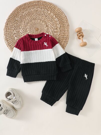SHEIN 3Pcs Baby Boy Sweater Pants Cute Burgundy White Black Ribbed Knit Horse Embroidery Long Sleeve Round Neck Thick Holiday Winter Fall Christmas Set