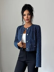 Elenzga Allover Print Button Front Crop Denim Jacket - Blue - View 5