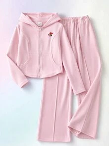 THE POWERPUFF GIRLS X SHEIN 兒童青少年女孩 2件組純色粉色抽繩連帽上衣與寬腿長褲套裝，休閒風格，適合春季/秋季日常穿著 - 粉色 - 查看 2