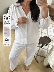 Dazy Plus 2pcs Lace Patchwork Casual Minimalist Long Pants Home Wear Spring Autumn Pajama Set - White - View 2