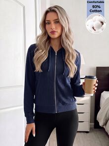 Easowa Women's Street Casual Zip-Up Long Sleeve Hooded Sweatshirt Autumn Workout Gym Navy Blue Black - Navy Blue - View 3