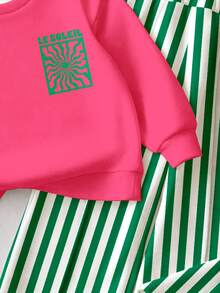 THE HAPPY LOOK Baby Girl Soft Letter Print Long Sleeve Crew Neck Sweatshirt And Striped Wide Leg Autumn Pants Set Streetwear - Multicolor - View 9