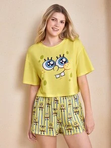 SpongeBob SquarePants | SHEIN 女款卡通印花短袖上衣與短褲休閒居家睡衣套裝 - 黃色 - 查看 3