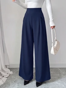 Elenzga Spring Autumn High-Waist Wide Leg Pants For Women With Front Pleats Side Pockets Draped Loose Slimming Double Layer Woven Casual Long Trousers - Navy Blue - View 6
