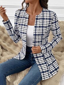 SHEIN Clasi Waist-Cinching Printed Colorblock Button Long Sleeve Blazer Jacket - Blue and White - View 4