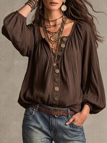 SHEIN 度假穿搭新款V領羅根袖寬鬆鈕扣裝飾休閒泡泡長袖女式襯衫，適合女性鄉村風服飾、夏季穿搭、六月節慶女裝 - 棕色 - 查看 3